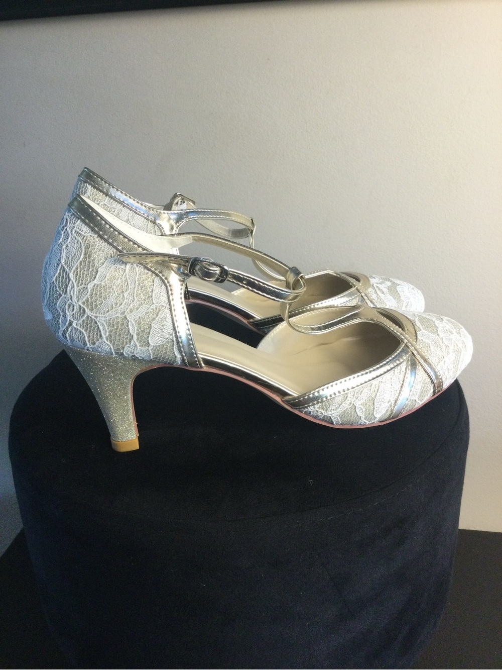White Lace with Gold Mary Jane Mid-Heel